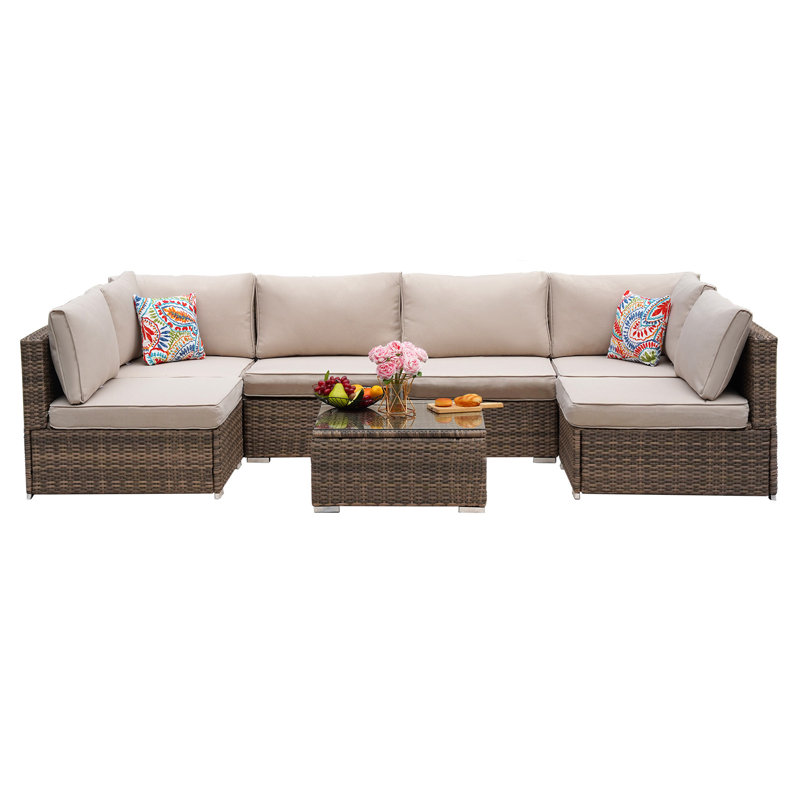 Siardus 110.2'' Wide Reversible Steel Patio Sectional with Cushions, Brown, Brown