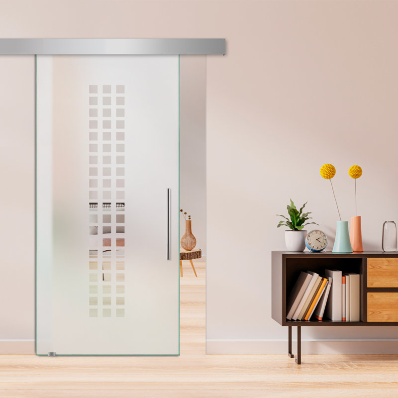 Porte de grange coulissante en verre sans cadre avec design moderne givré + ensemble de quincaillerie (semi-privée)