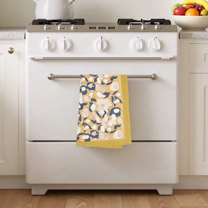 Bryssa Floral Tea Towel Kitchen Towel, Mustard/Blue