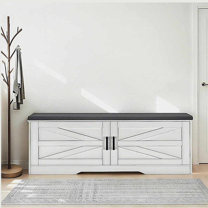 2-Tier Storage Bench, Shoe Bench with Padded Seat Cushion, Entryway Bench with 2 Barn Doors & 2 Adjustable Shelves