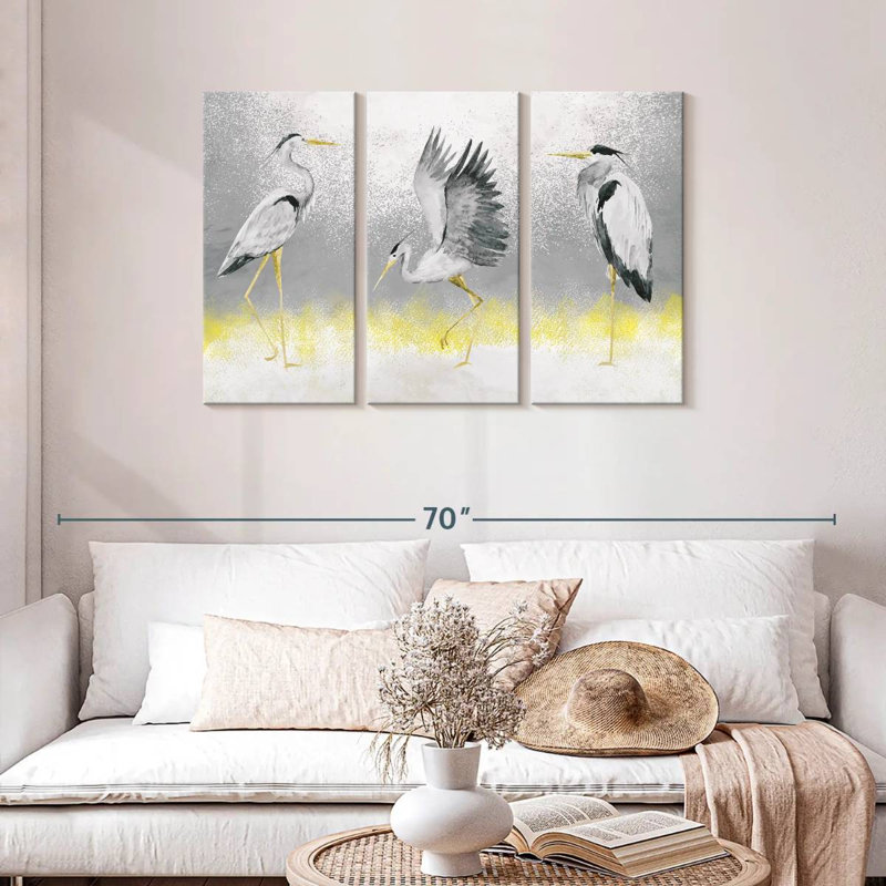 «Great White Herons», ensemble de 3 reproductions sur toile par Julie P, H 28 po x l 45 po x P 1,25 po