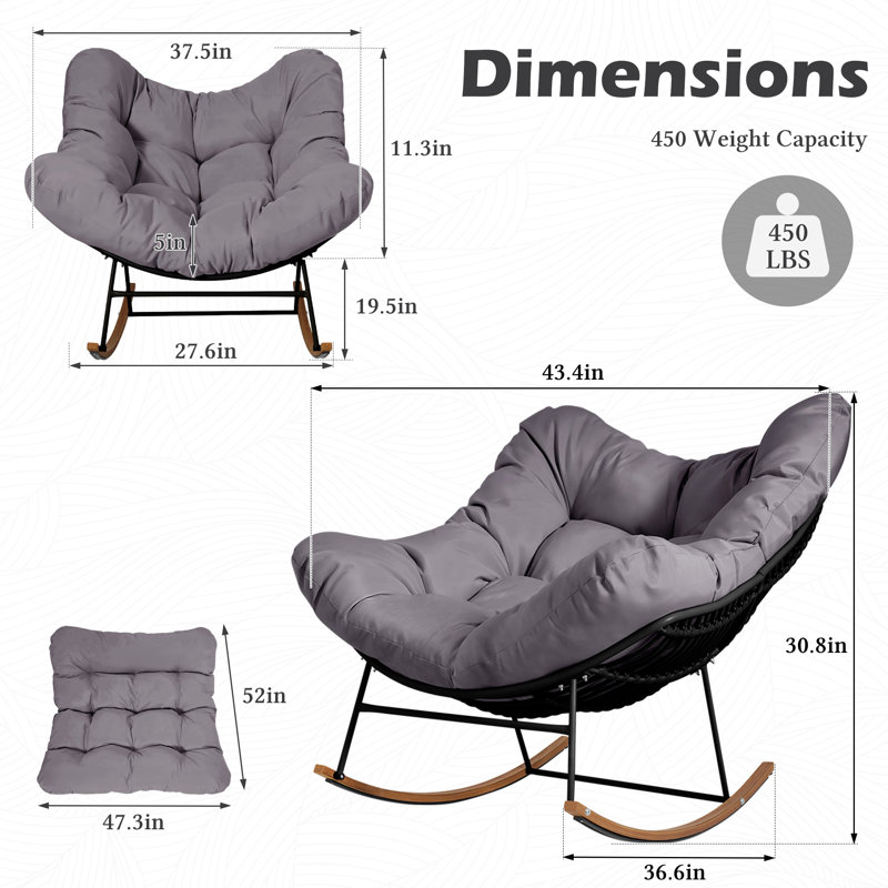 Chaise berçante intérieure / extérieure avec tissage en rotin et structure en acier, Gris, Noir / brun