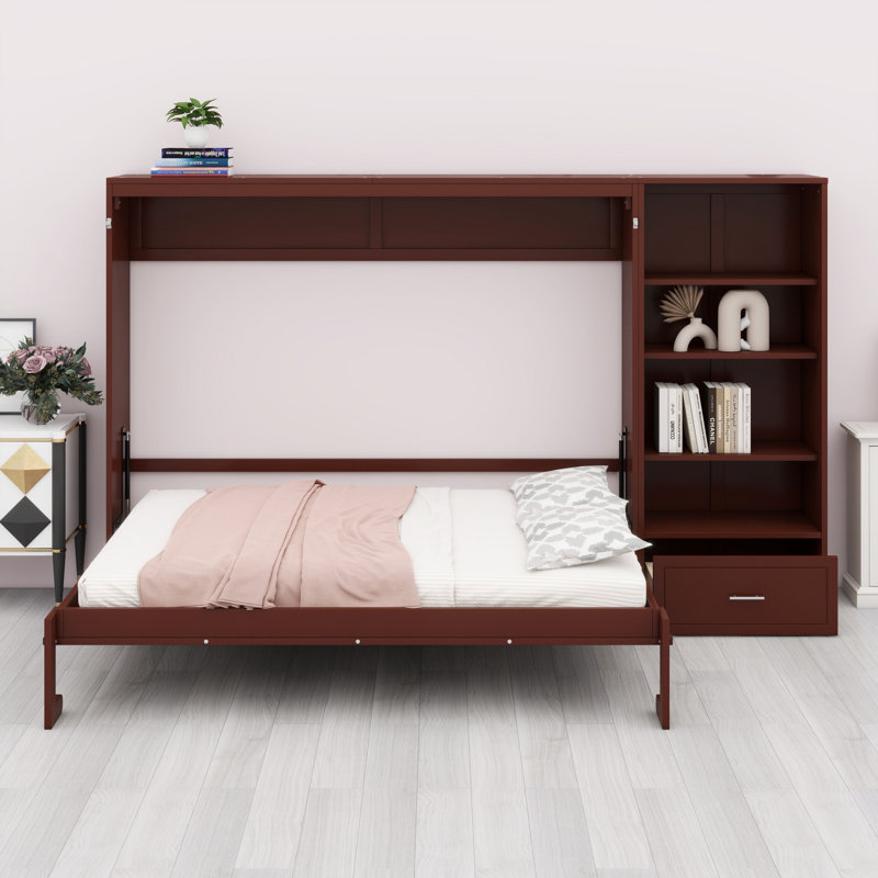 Lit escamotable avec compartiments de rangement et tablette réglables en hauteur, cadre de lit mural avec 1 tiroir, lit plateforme pliable multifonctionnel