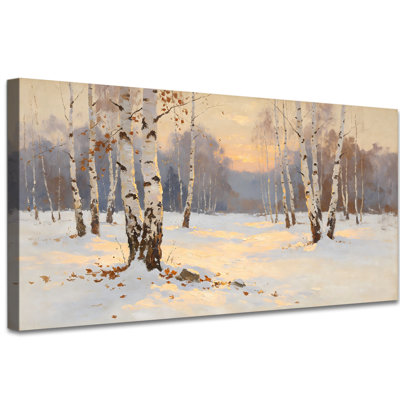 Winter Snowy Landscape Wall Art, Rustic Birch Forest in Snow Sunrise Canvas, Serene Earth Tone Winter Scene Pictures, Tranquil Nature Painting Artwork Decor for Living Room Bedroom Office, 20x40 inches