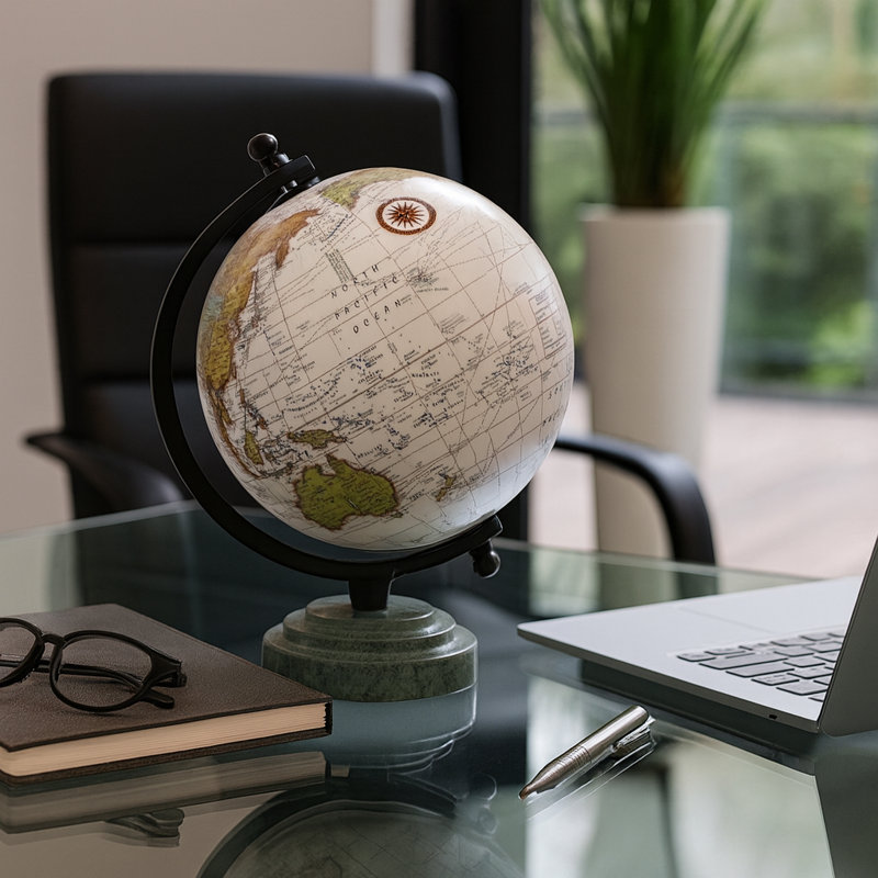 Decorative Globe With Ridged Marble Base For Living Room Decor - Modern Accent For Home And Office Decor - 9", Green & Black