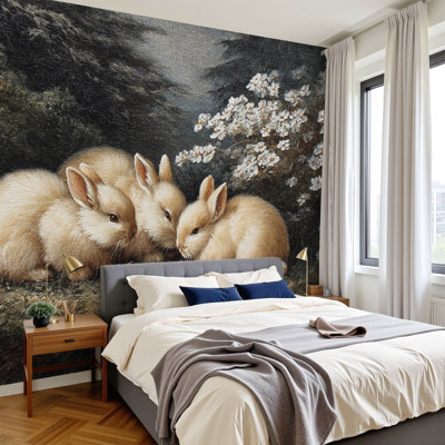 Peel and Stick Wallpaper Vintage Gold Bunny Easter Rabbits Forest Oil Painting Retro Farmhouse Wall Murals 100"H x 144"W Removable PVC Wall Paper Self-Adhesive Wall Decor for Bedroom Living Room Home Office