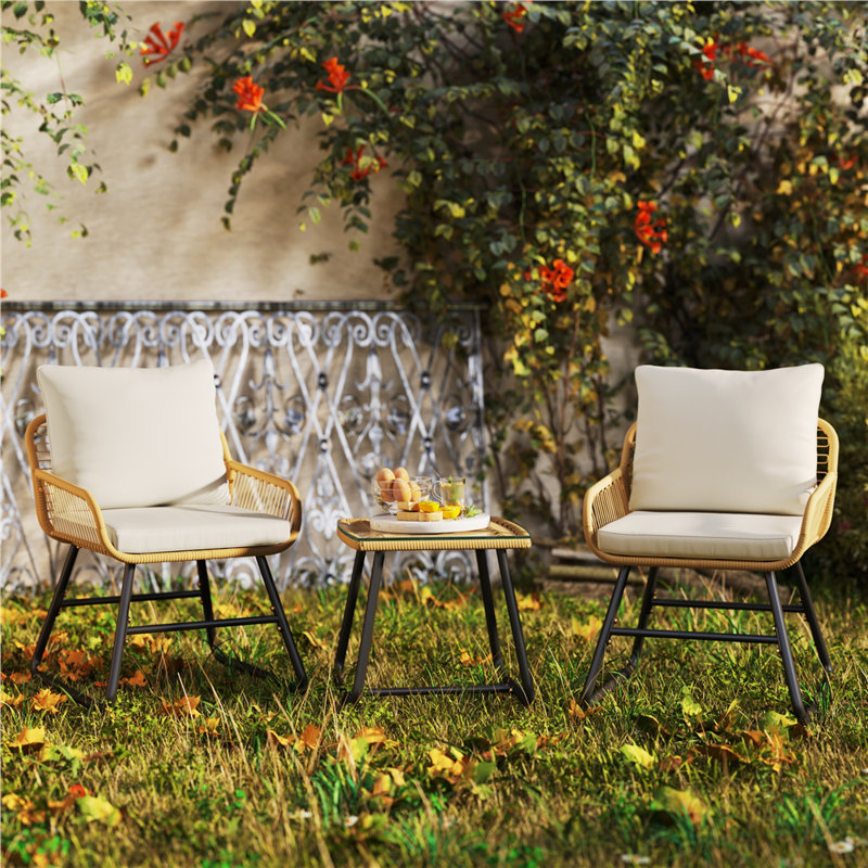 Ensemble bistro 3 pièces avec table basse Boho et 2 chaises avec coussins et coussins, Crème, crème