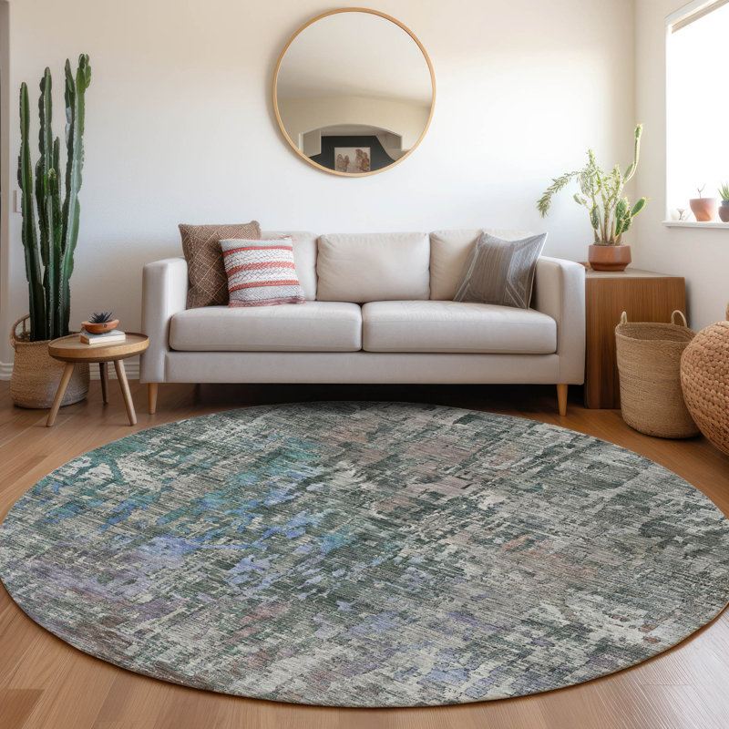 Machine Washable Indoor/Outdoor Claudian ACN1237 Fern Rug, Round 8'