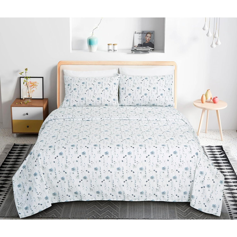White Floral Microfiber Queen Bed Sheet Set with Deep Pockets