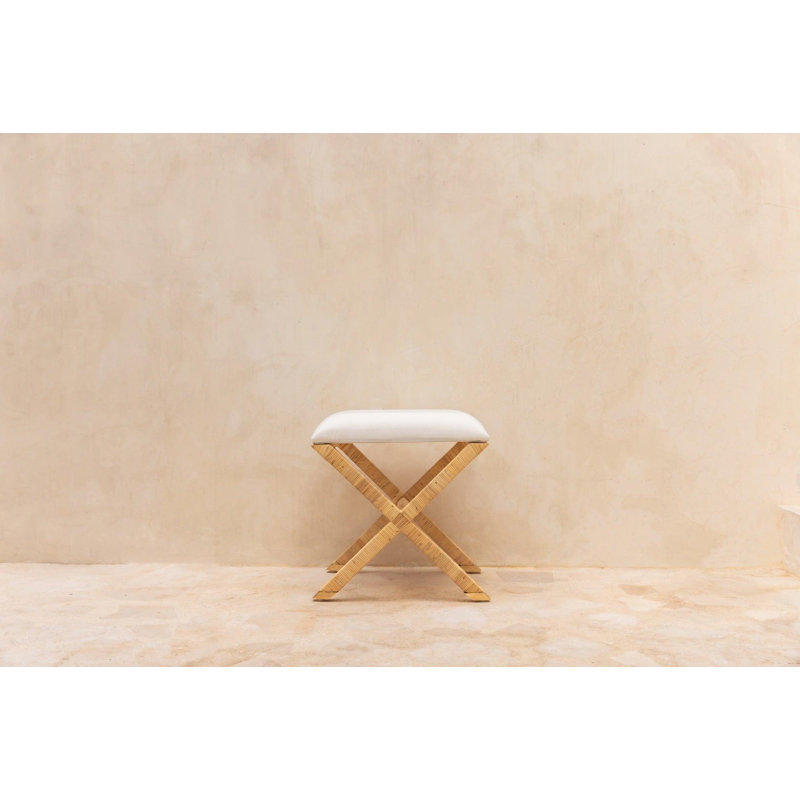 X-Base Rattan Stool – Handcrafted Indoor Accent Stool with White Cushion & Brass Detail