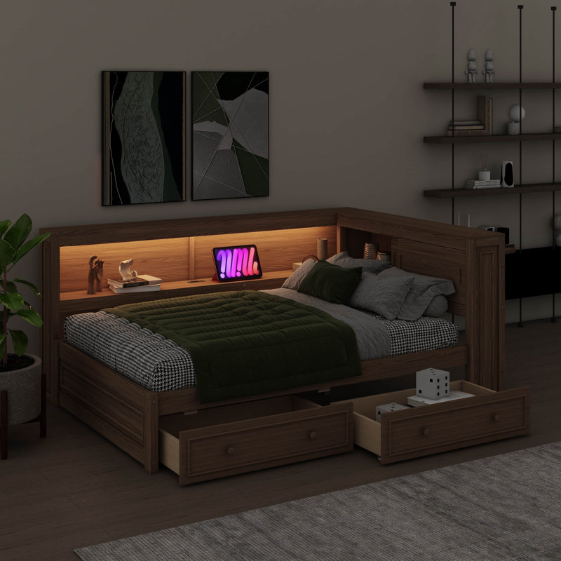 Lit de jour double en bois avec rangement intégré, éclairage USB / DEL et structure de lit à deux tiroirs, Bois antique