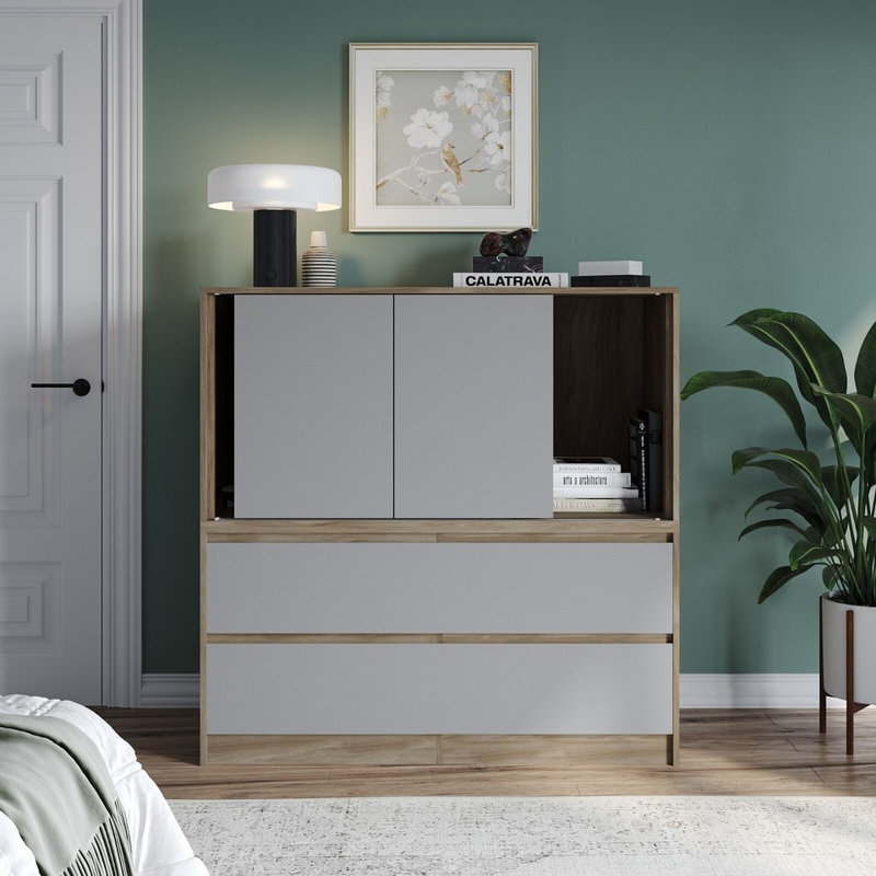 Solid Wood Rectangle Accent Cabinet, Oak with Grey