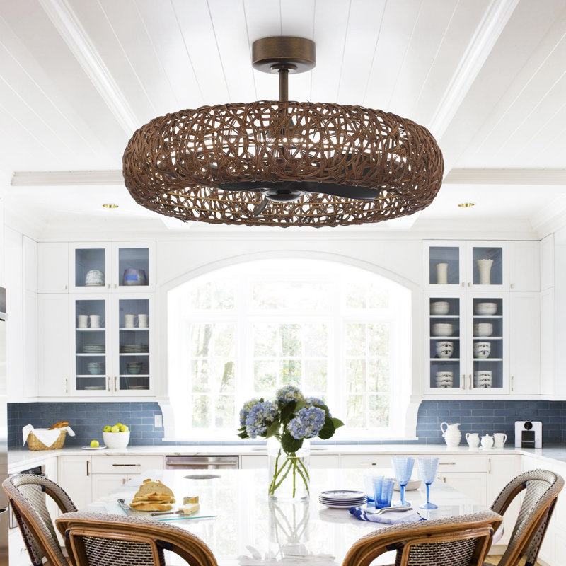 35" Rattan Caged Ceiling Fan with Dimmable LED Lights and Remote Control