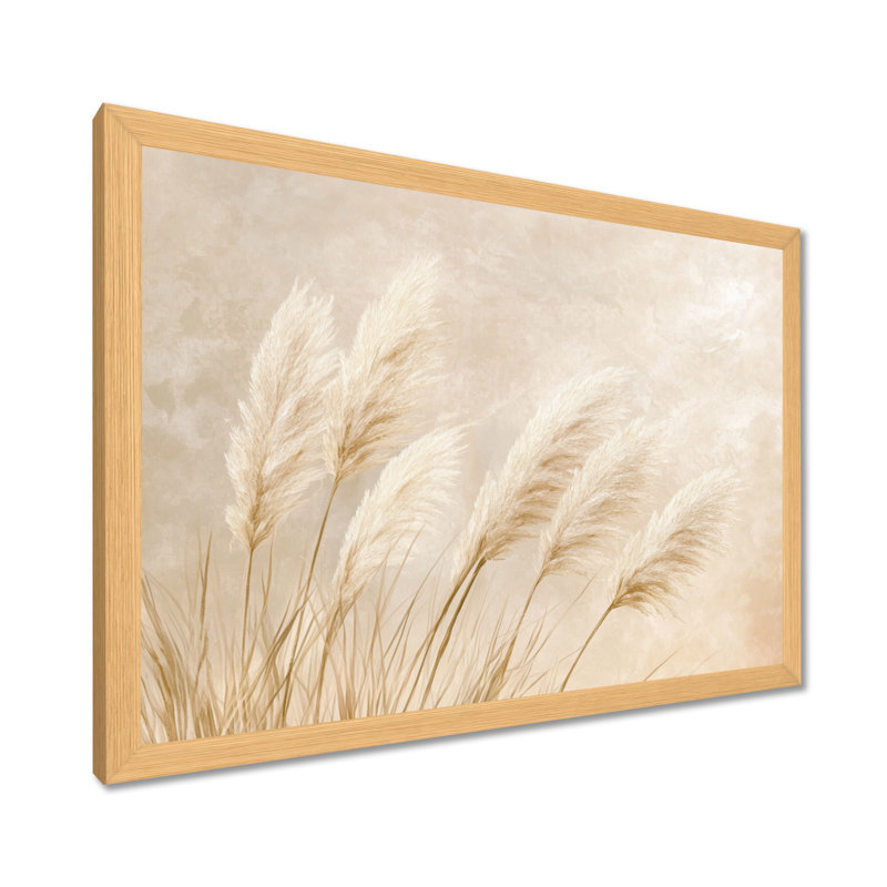 Brise douce des pampas beiges - Tableau encadré bohème à plumes, H 16 po x l 32 po, Natural Picture Framed