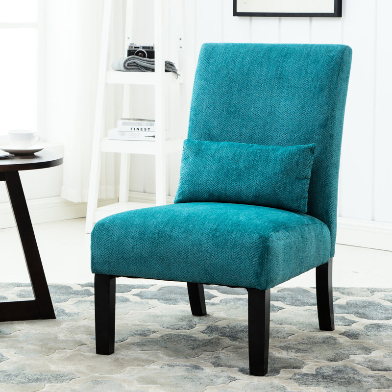 Chaise d'appoint moderne en tissu chenille avec coussin bleu sarcelle et base, pieds en bois massif pour un siège stable