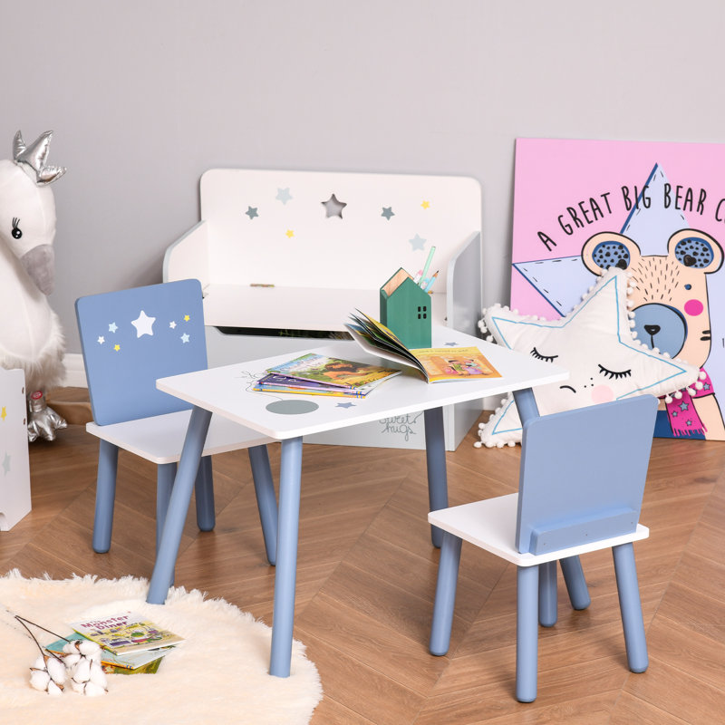 HOMCOM 3 Pcs Kids Table & Chairs Set Wood Legs Safe Corners Cute Stars Blue