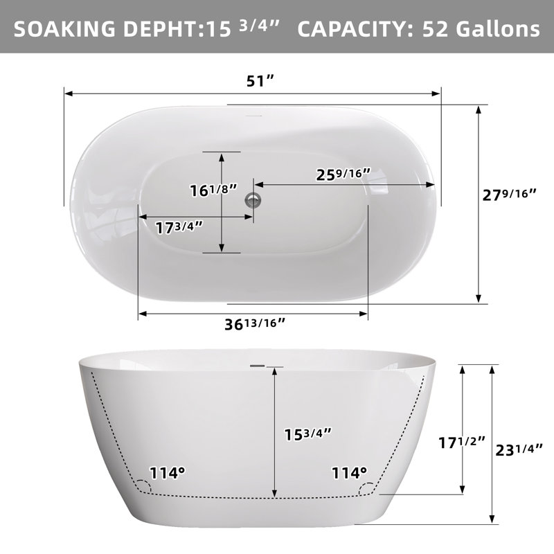 51'' x 27.5'' Freestanding Soaking Acrylic Bathtub, Gloss White