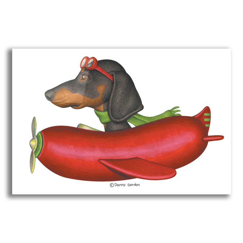Teckel noir dans un avion rouge sur impression plastique / acrylique, H 16 po x l 24 po x P 0,2 po
