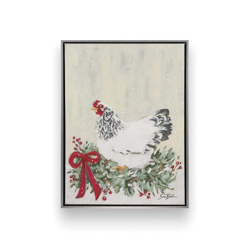 «Farmhouse Christmas Chicken 2» par Sara Baker, reproduction d'art, Toile avec cadre, Argent, L 36 x H 48
