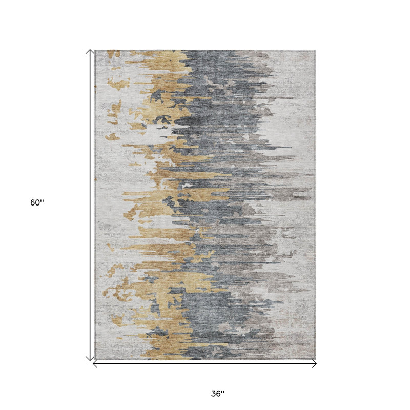 3' X 5' Ivory Charcoal And Silver Abstract Washable Indoor Outdoor Area Rug