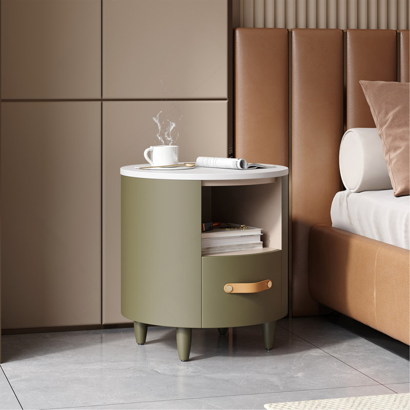 Table de bout ronde contemporaine avec tiroir et rangement ouvert, Vert