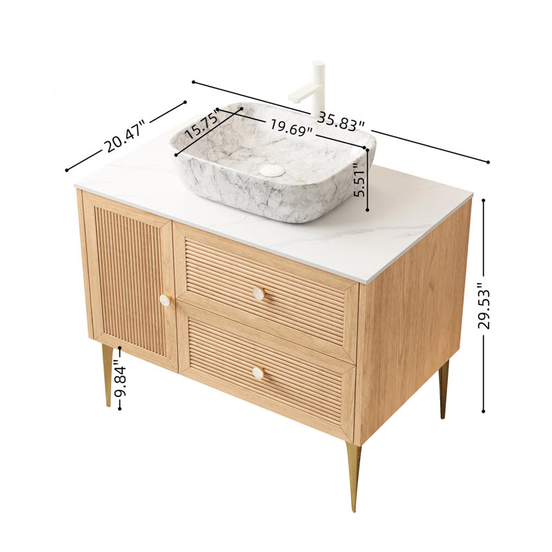 Meuble-lavabo 36 po avec lavabo, rangement en contreplaqué autoportant, finition chêne, contreplaqué haute résistance, grand rangement