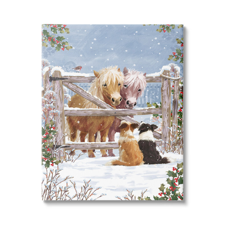 Aw-038-Canvas, poneys et chiens, scène de ferme d'hiver sur toile par Pip Wilson, H 48 po x l 36 po x P 1,5 po