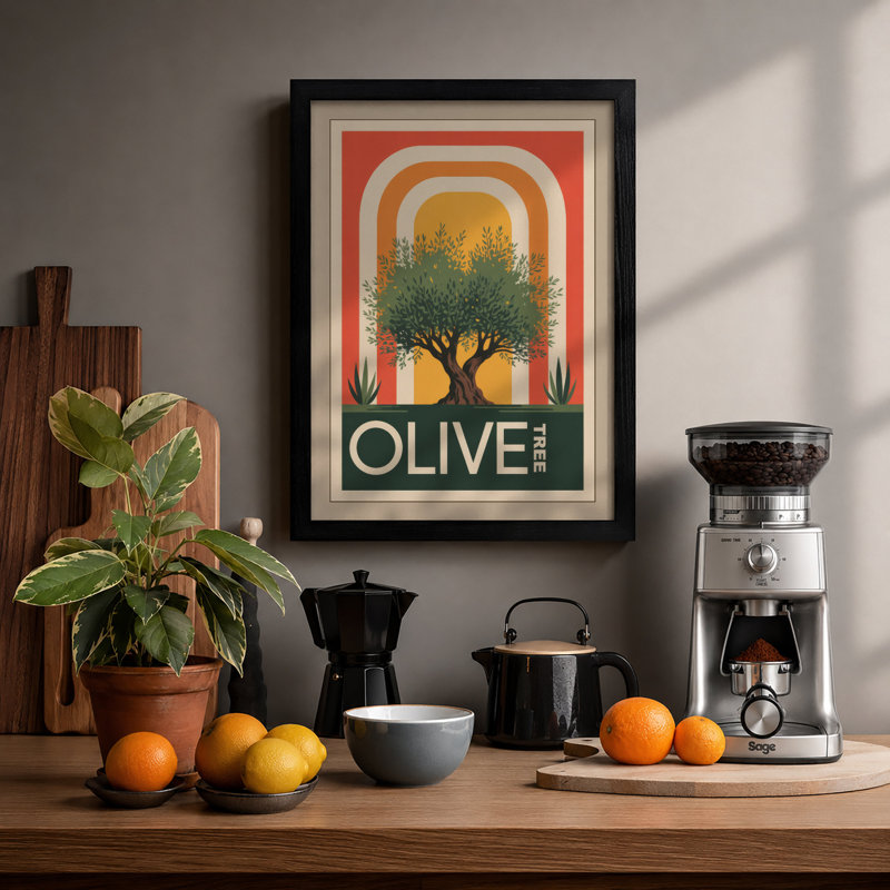 Mediterranean Olive Grove Art Deco - Framed Print, Black, A3 - 42.0 x 29.7 cm