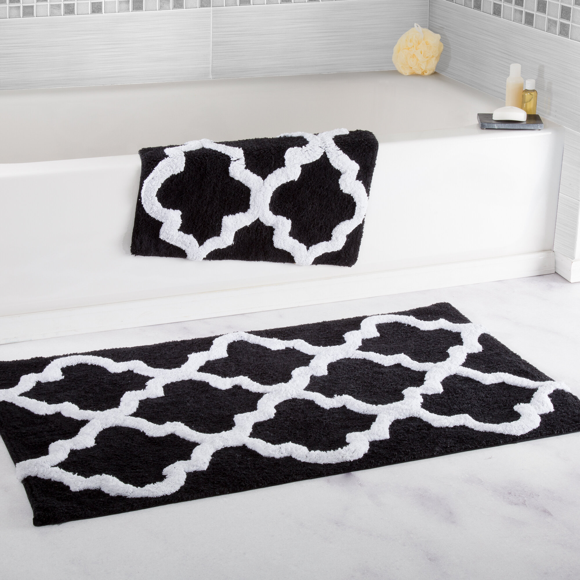 Black White Bathroom Rug Set, Black White Bath Mat Set