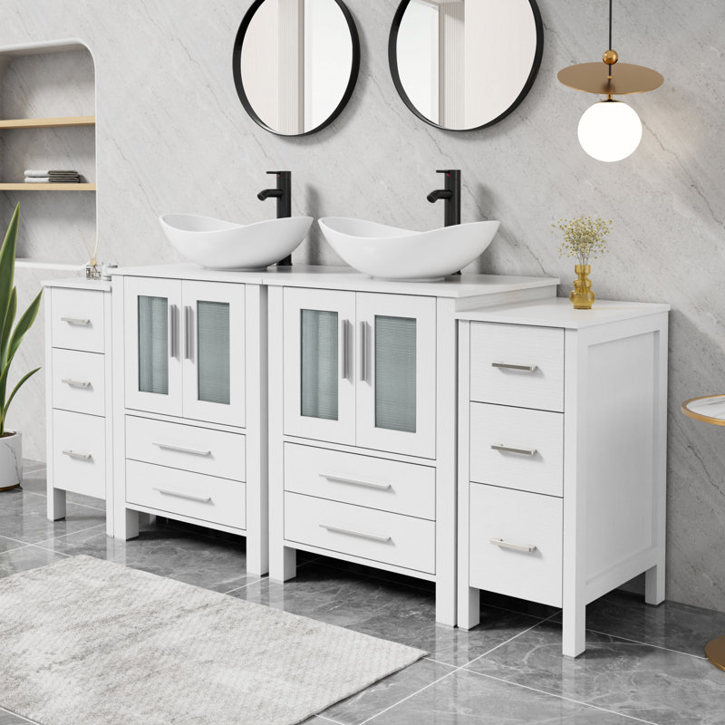Sharee 72" Double Sink Bathroom Vanity With Vessel Sink, Manufactured Wood Top, Faucet And Drain, White