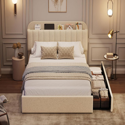 Structure de lit simple TG avec tête de rangement, base de lit pour enfants avec 2 tiroirs, lit plateforme tapissier avec bibliothèque Boucle, aucun sommier nécessaire, assemblage facile, blanc ivoire