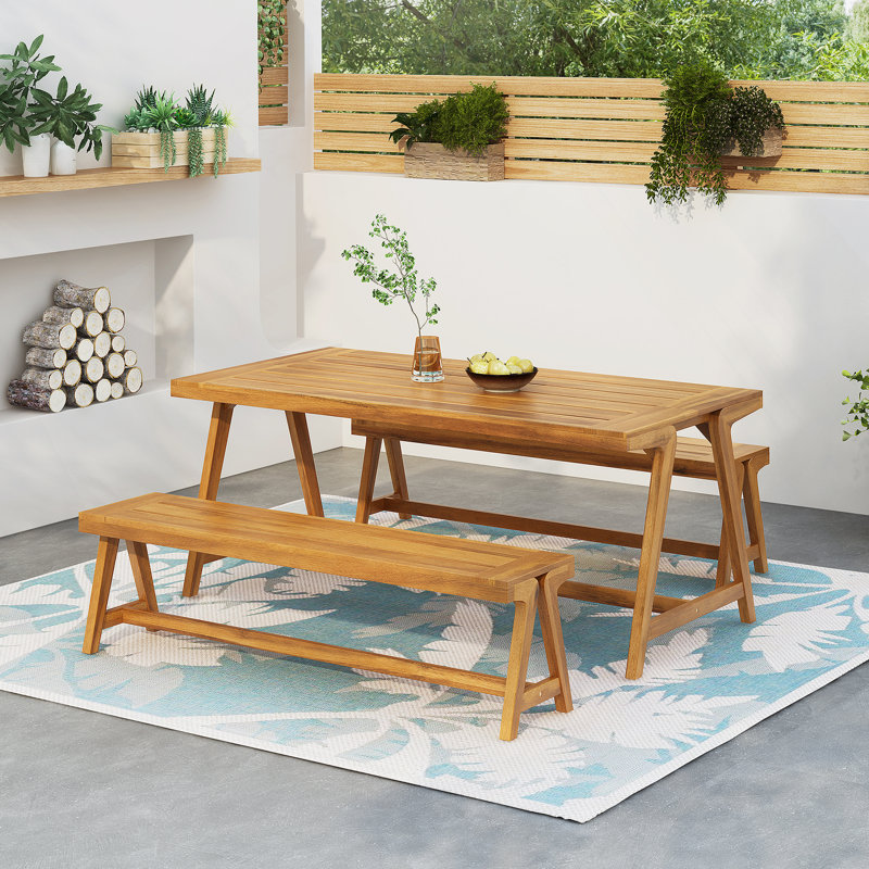 Ensemble de table de pique-nique d'extérieur 3 pièces, ensemble de salle à manger de patio contemporain en bois d'acacia avec bancs - toutes saisons et compact pour balcon, terrasse, camping
