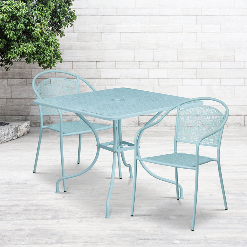 Ledoux 35.5'' Square Indoor-Outdoor Steel Patio Table Set with 2 Round Back Chairs, Sky Blue