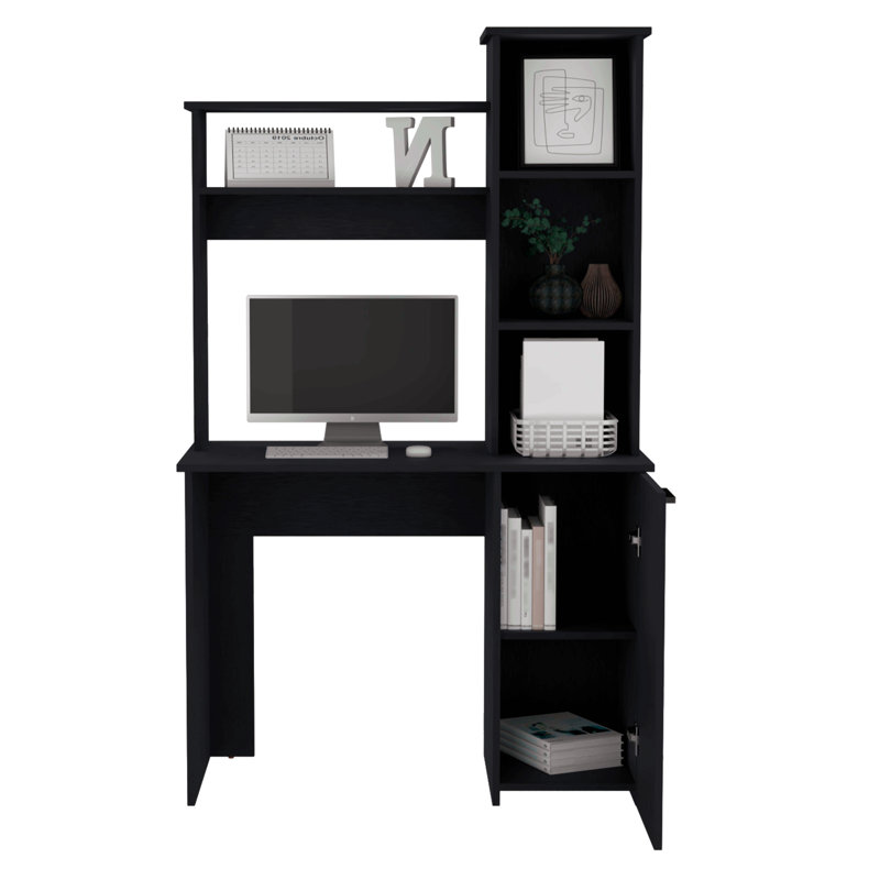 Bureau d'ordinateur avec huche, armoire à une porte, grande surface de travail et tablettes de rangement à 3 niveaux, Noir