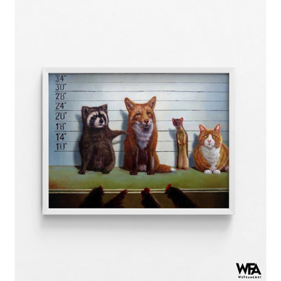 Usual Suspects By Lucia Heffernan, Red Fox Funny Wall Art, Raccoon Office Decor, Tabby Cat Artwork, Man Cave Wall Art Poster