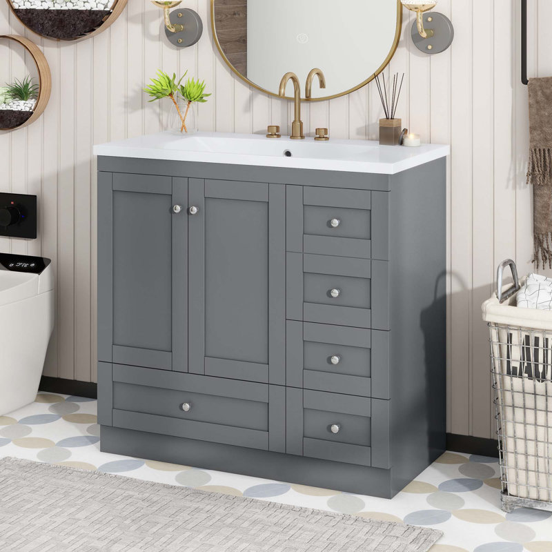 Armoire de salle de bain sur pieds 36 po avec lavabo, 4 tiroirs à fermeture en douceur et 2 portes à fermeture en douceur Shaker