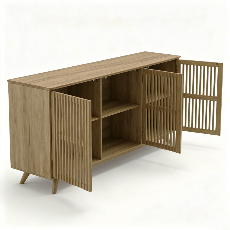  Meuble télé Mid-Century moderne en bois de pin massif sans nœuds, armoire de rangement avec porte sans poignée et tablette réglable pour le salon, la chambre à coucher et la cuisine