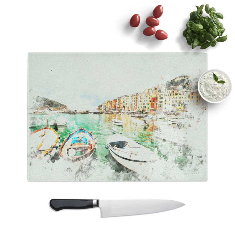 Tempered Glass Docked Boats in Portovenere Italy Chopping Board, 20 cm x 28.5 cm