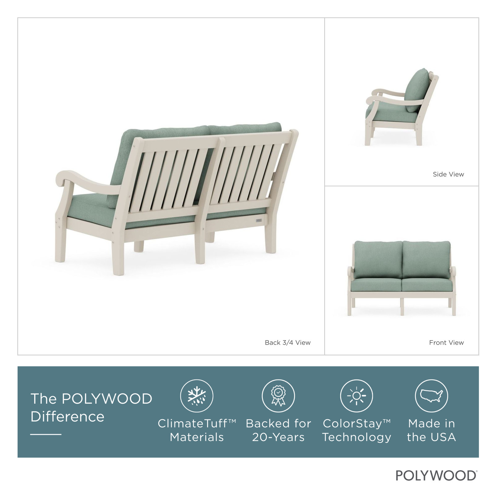 POLYWOOD® Verlyn 49" Patio Loveseat, Glacier Spa Cushion/Sand Frame