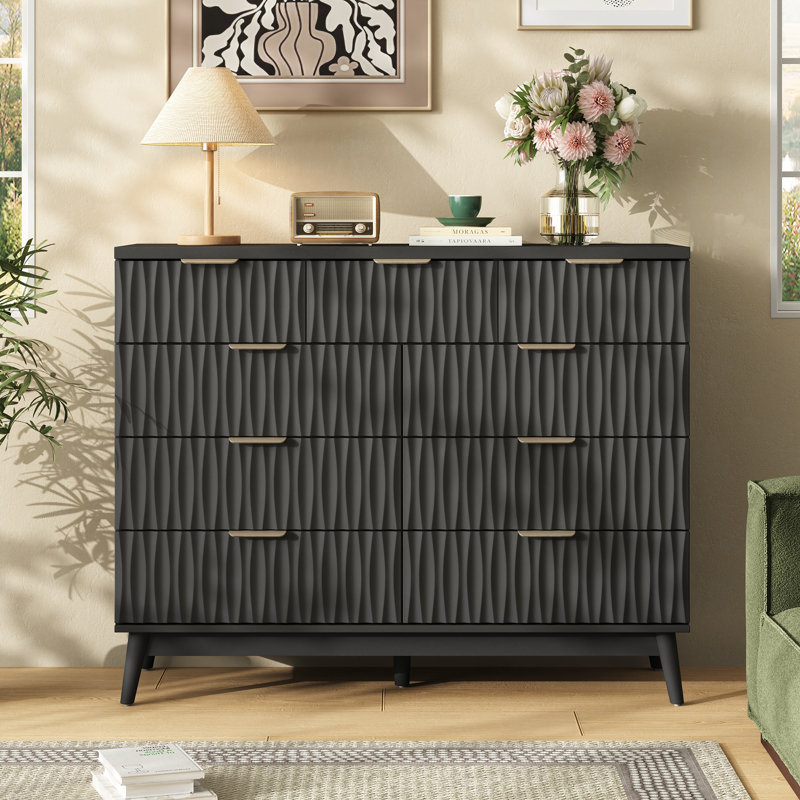 Commode double à 9 tiroirs Adkins, large commode en bois cannelée avec rangement moderne pour la chambre à coucher, le salon et le vestibule