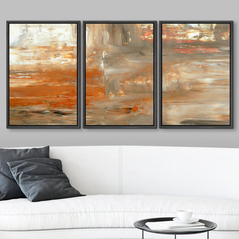 Formes abstraites grises et oranges de formes abstraites bohémiennes sur toile, 3 pièces, Cadre flottant noir