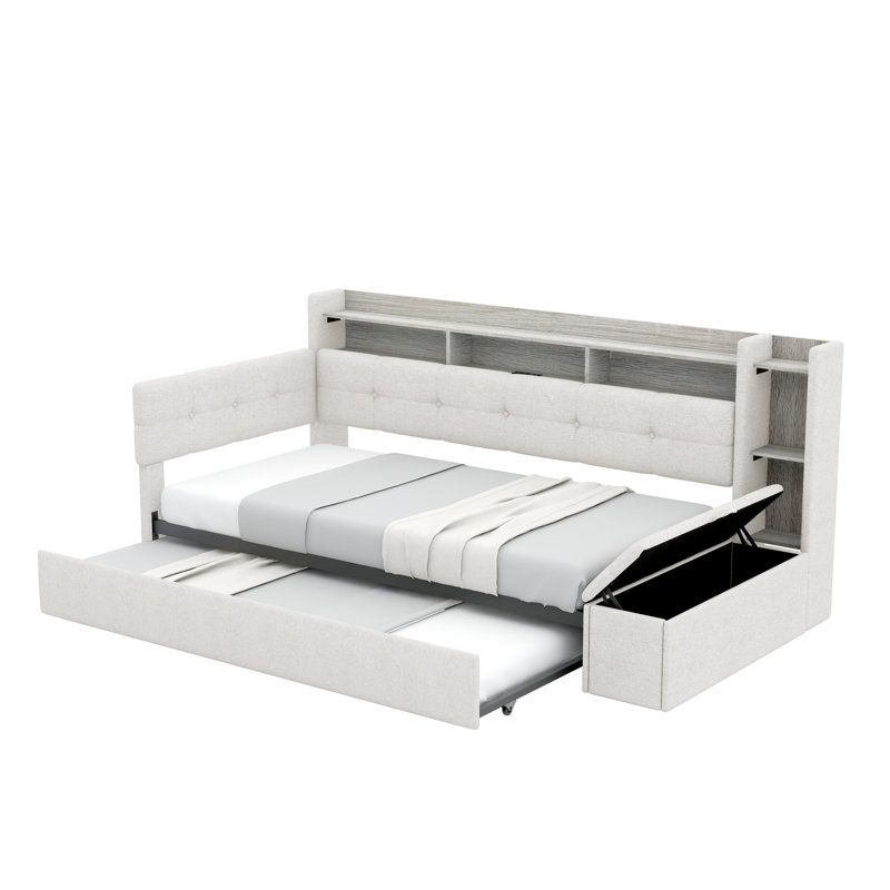 Twin Size Upholstered Daybed with Trundle, Storage Drawers, Shelves, LED Light & USB Charging Station,Beige, Beige, Twin