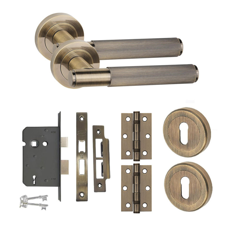  Straight T-Bar Linear Door Handle Set in Antique Brass Hinges and Mortise Lock