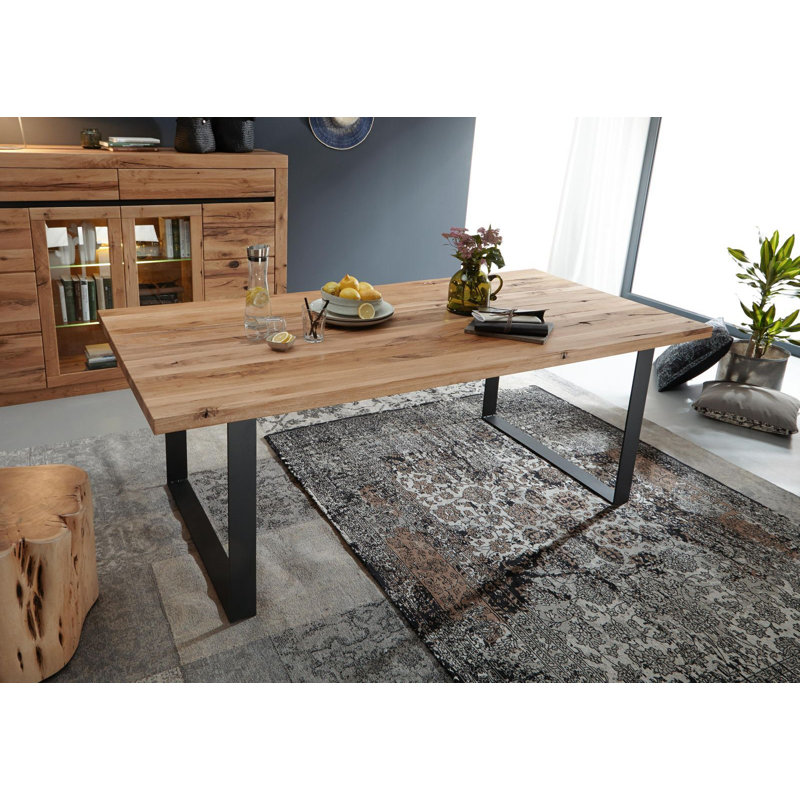 Montreux Oak Solid Wood Top Metal Base Dining Table, 76cm H x 180cm W x 90cm D, Ecru