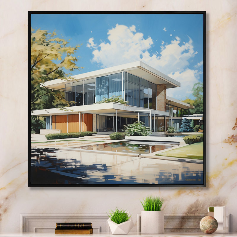 Élégance architecturale beige Mid-Century - imprimé, H 36 po x l 36 po x P 1,5 po, Cadre flottant noir