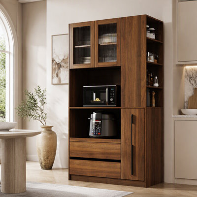 Armoire de cuisine de 70,87 po de hauteur avec tablette de rangement coulissante multifonctionnelle à plusieurs niveaux, tablette latérale à 4 niveaux, 2 tiroirs, avec porte vitrée, cloche à nourriture autoportante avec support à micro-ondes pour salle à manger