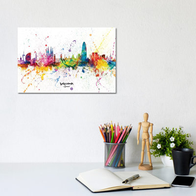 Barcelona Spain Skyline Splash by Michael Tompsett - Wrapped Canvas Print