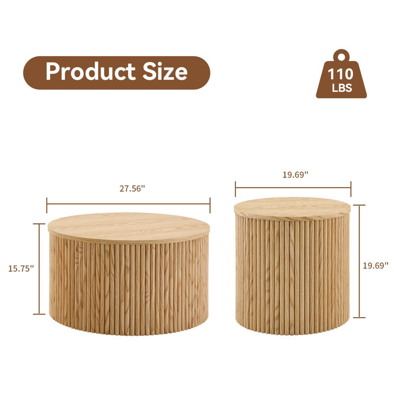 Roman Column Nesting Coffee Tables, 2-Piece Set with Built-in Storage, Natural Grain Finish, Natural