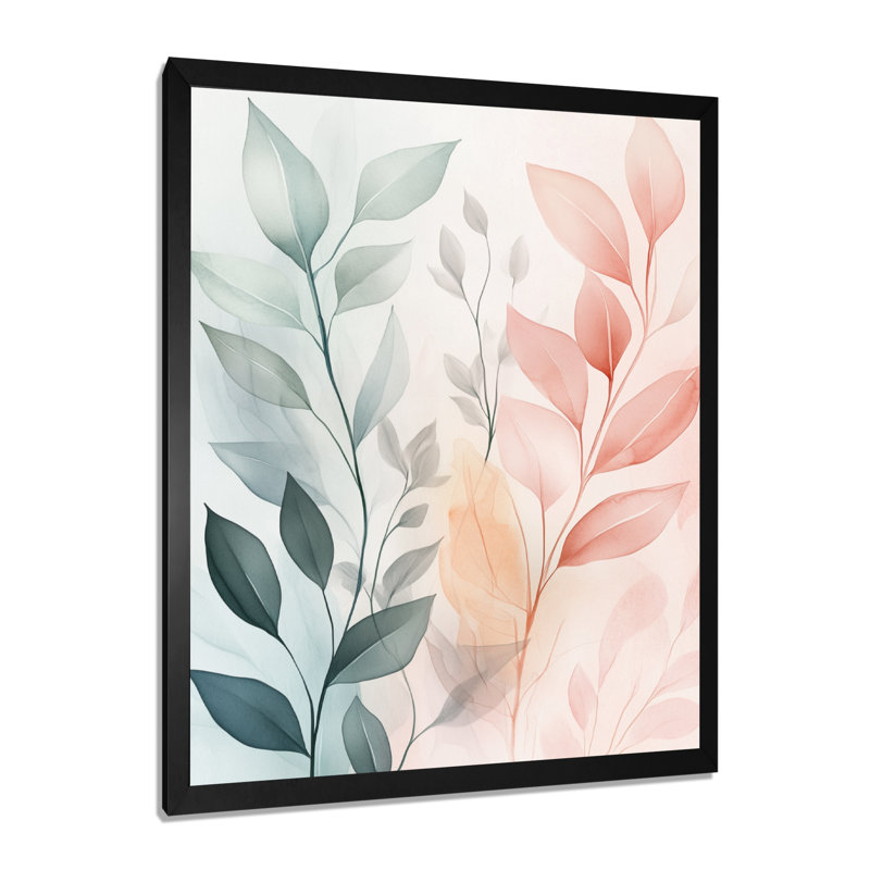 Feuilles roses, vertes et roses poudrées - Décoration murale encadrée, H 32 po x l 24 po, Cadre photo noir