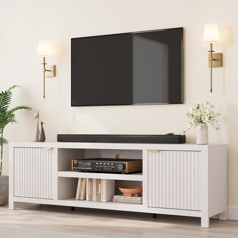 Fluted TV Stand For 80 Inch, Modern Entertainment Center With Storage, Wooden Media Console Cabinet With Fluted Door And Gold Handle For Living Room Bedroom